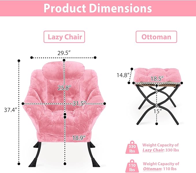 Lazy Chair with Folding Ottoman, Accent Chair Plush Upholstered with Metal Structure and Non-Slip Pads, Sofa Armchair with Footrest and Side Storage Bag for Dorm, Room, Office, Pink
