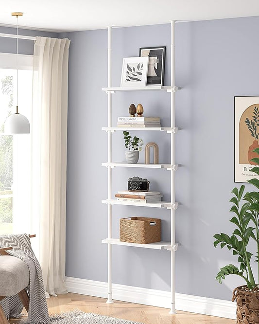 ALLZONE 5 Tiers Narrow Bookshelf, Tall Adjustable Ladder Book Shelf with Open Storage, Floor to Ceiling Tension Mount, Wooden Industrial Bookcase for Living Room, 92 to 116 Inch, White