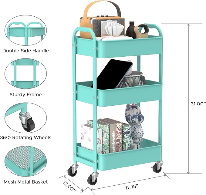 MAX Houser 3-Tier Rolling Utility Cart with Caster Wheels,Easy Assembly, for Kitchen, Bathroom (Turquoise)
