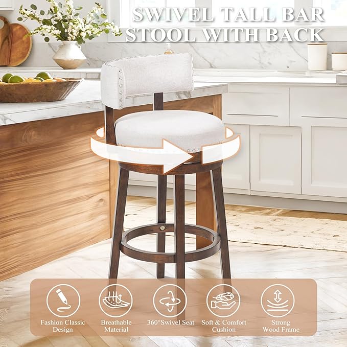 COLAMY Swivel Bar Stools Set of 4, Swivel Counter Height Barstools, 30 Inch Upholstered Barstools for Kitchen Island Dining Room Bar, Beige
