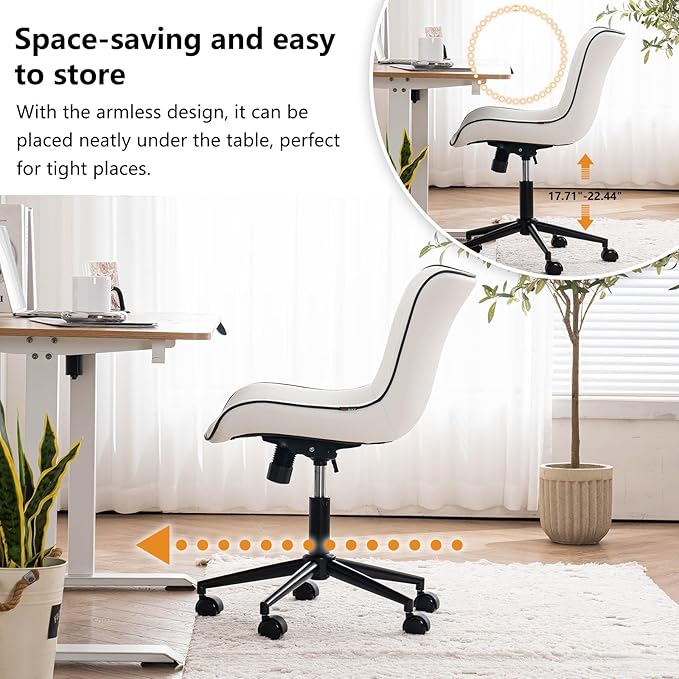 YOUNIKE Ergonomic Home Office Desk Chair with Wheels White Comfy Armless Vanity Chair with Back Modern Faux Leather Upholstered Task Chair Small Cute Rolling Drafting Chair No Arms Adjustable Swivel
