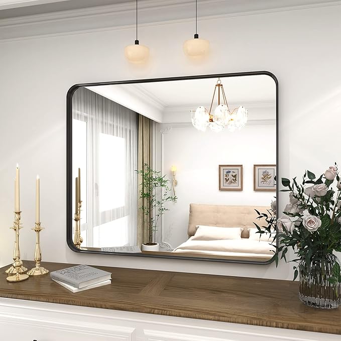 Bathroom Mirror 24x32 inch, Black Gorgeous Deep Frame Wall Mirror, Modern Round Corner Bathroom Vanity Mirror for Bedroom, Living Room, Hanging or Leaning Horizontal or Vertical, Black