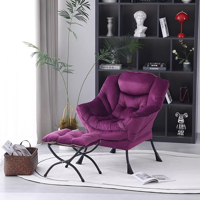 Lazy Chair with Folding Ottoman, Modern Accent Lounge Armchair with Armrests, a Side Pocket & Foldable Footstool, Leisure Reading Chair for Living Room, Bedroom, Dorm & Office, Velvet Purple