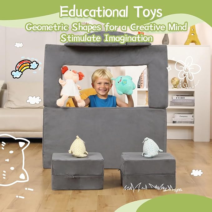 Modular Kids Play Couch, Kids Sofa Toddler Couch, Foam Play Set with Recliner, Toddler Sofa for Creative Boys & Girls, Convertible Foam Climbing Blocks