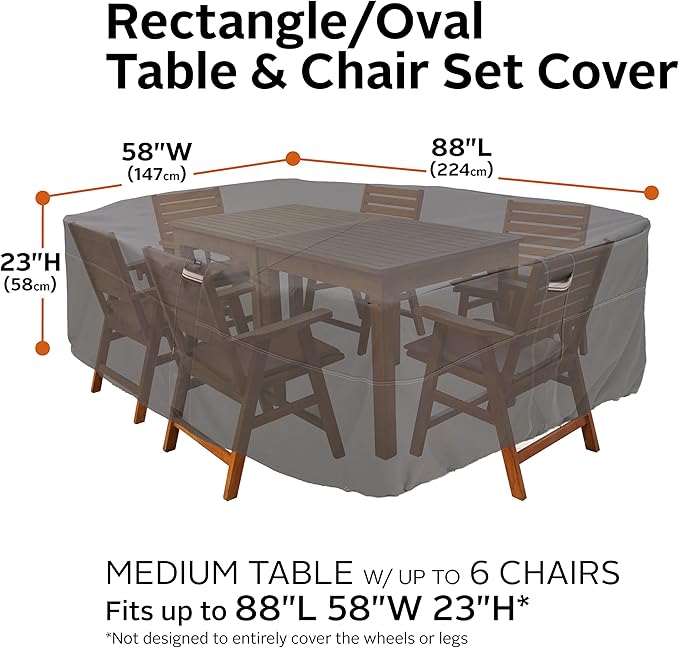 Classic Accessories Ravenna Water-Resistant 88 Inch Rectangular/Oval Patio Table & Chair Set Cover, Medium, Taupe, brown, Outdoor Table Cover