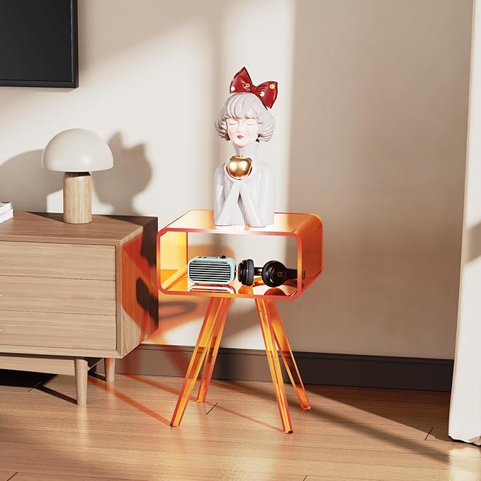Acrylic Side Table, Acrylic Nightstand Bedside Table for Bedroom (Orange, 16.5'' x 11.8'' x 21.6'')
