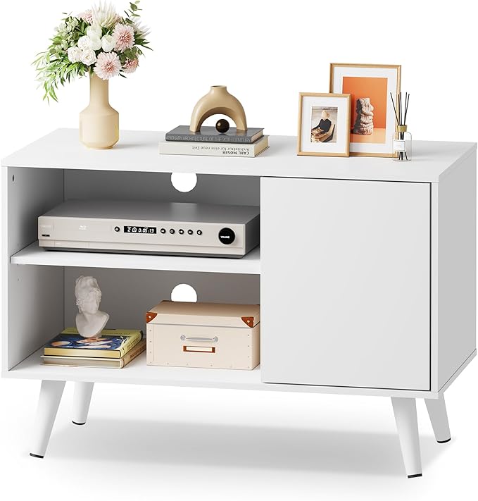 WLIVE TV Stand for 40 Inch TVs, Small Entertainment Center with Storage Cabinet, Mid-Century Modern TV Stands for Living Room and Bedroom, 32" TV Console, White