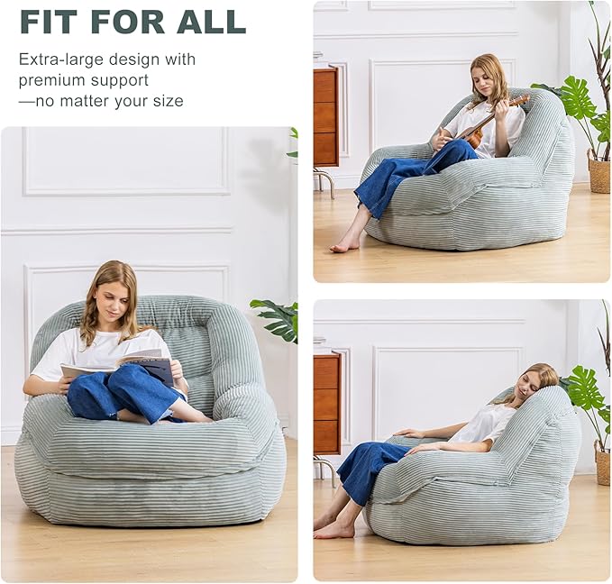 Giant Bean Bag Chair with Armrests - Oversized Cozy Seating for Adults, Corduroy Fabric & High - Density Foam Filling, Ideal Lounge for Living Room, Bedroom & Gaming Room (Mint Green)