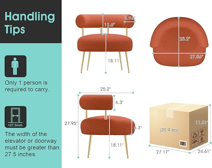 Mid Century Sherpa Boucle Accent Chair, Round Upholstered Barrel Arm Chair for Small Spaces, Fluffy Side Corner Sofa Chair for Living Room, Bedroom, Vanity, Office, Reading Nook(Orange)