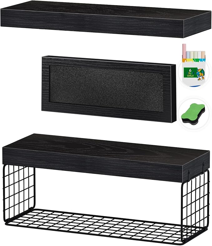 QEEIG Bathroom Shelves Over Toilet - Paper Storage Wall Mounted Farmhouse Decor Decorations Chalkboard Small Floating Shelf 2+1 Set 16 inch, Black (021B)