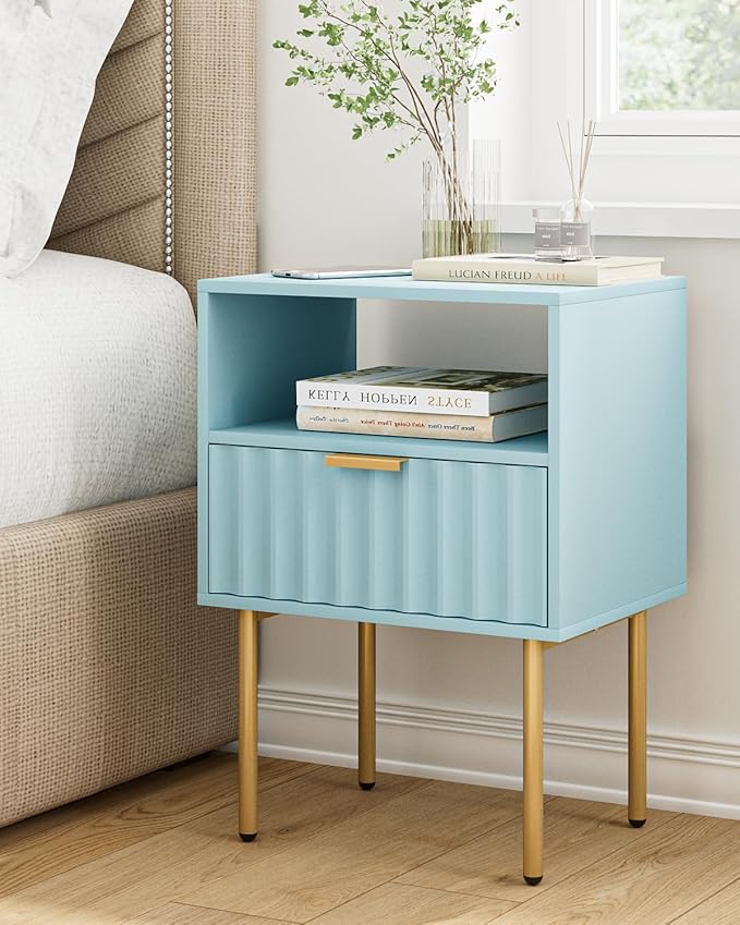 Nightstand,Modern Bedside Table with Gold Frame,Blue Night Stand,Bedside Furniture, Modern Side Table with Drawer and Shelf for Bedroom,Living Room (Blue)