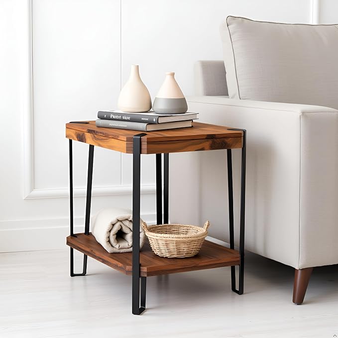 Ryegate Live Edge End Table with Storage – 2-Tier Solid Acacia Wood Side Table with Metal Frame and Lower Shelf – Industrial Accent Table for Living Room or Bedroom by Alaterre Furniture