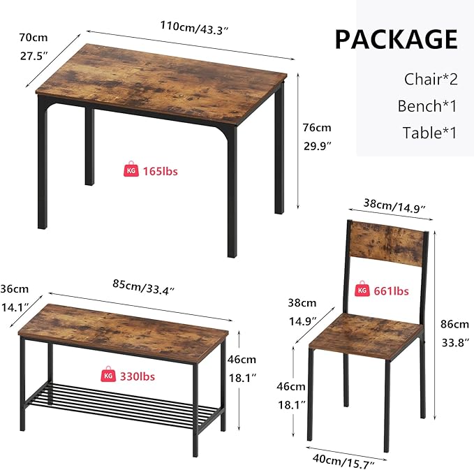 SogesHome 4-Piece Kitchen Table and 2 Chairs for 4 with Bench, Dining Table Set for Small Space, Apartment, Living-Room, Restaurant, Vintage Brown