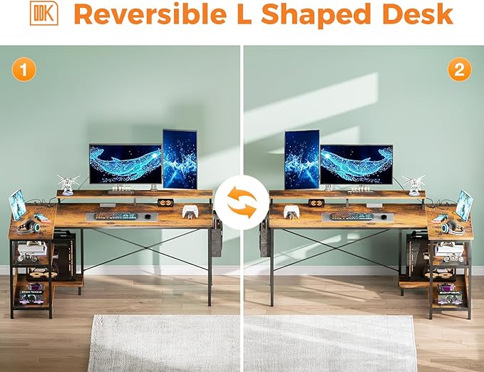 ODK 58 Inch Gaming Desk with USB Charging Ports and LED Lights, Reversible L Shaped Computer Desk with Storage Shelves & Monitor Stand, Corner Home Office Desk Table with Power Outlets, Vintage