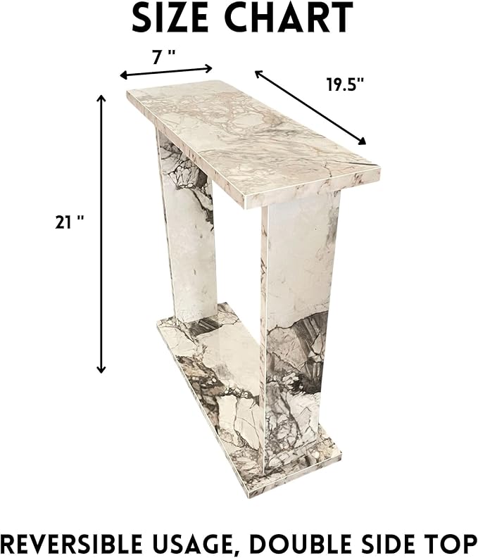 Very Narrow Side Table for Living Room, Small Apartment Space Between Chairs Skinny Table for Recliner, Couch, Armchair, Thin Slim End Table for Living Room, Bedroom, Beverages (White Marble)