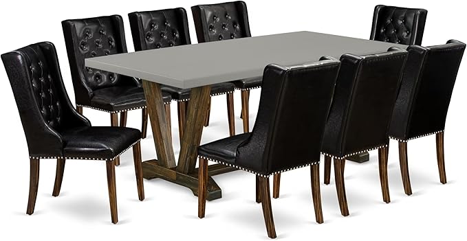 East West Furniture V797FO749-9 9 Piece Dining Room Set Includes a Rectangle Kitchen Table with V-Legs and 8 Black Faux Leather Upholstered Parson Chairs, 40x72 Inch, Multi-Color