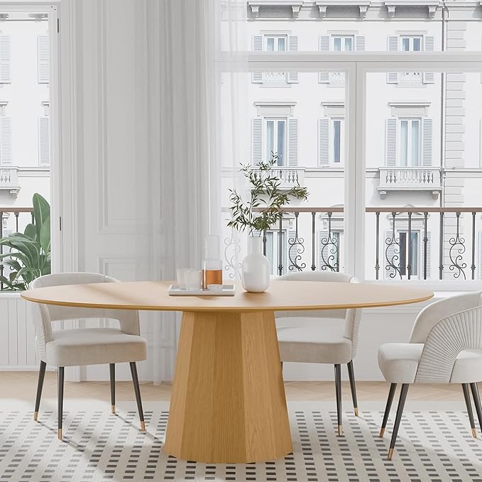 Casaphoria 67" Oval Dining Table, Modern Wood Kitchen Table with Cone Shaped Strip Polygonal Base for Living Room & Dining Room, Easy Assembly Farmhouse Furniture for 4-6, Oak