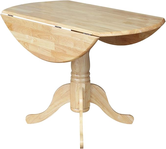 IC International Concepts, 42" Round Dual Drop Leaf Pedestal Dining Table, Solid Real Wood, Sturdy Parawood, Natural