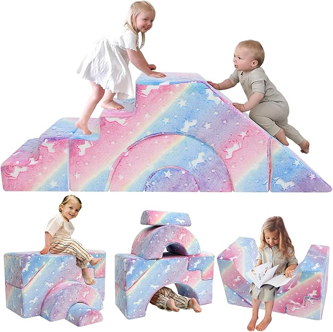 MeMoreCool Foam Climbing Toddler Couch, Modular Kids Sofa with Slide & Stair, Convertible Baby Couch for Playroom, Sectional Furniture for Crawling, Climbing, and Kids’ Play