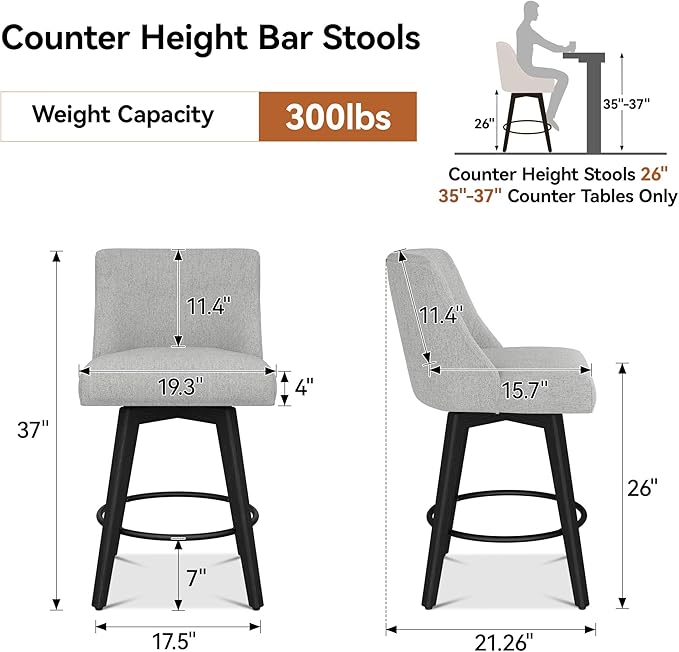Counter Height Bar Stools Set of 6, Modern Swivel Barstools with Back and Wood Legs, Linen Fabric Upholstered Bar Chairs, 26" H Kitchen Counter Stools, Kitchen Island Home Bar, Light Grey