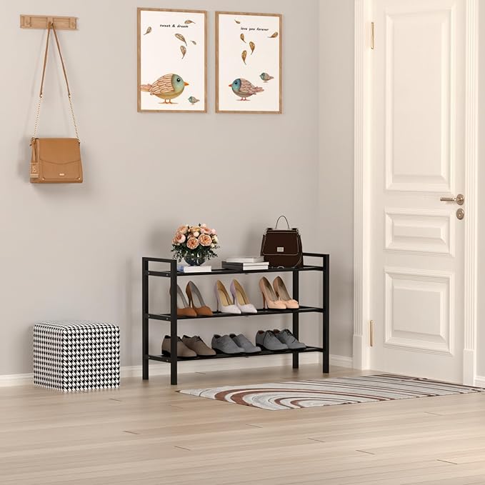 Haddockway Bamboo Shoe Rack for Closet, Free Standing Shoe Organizer with Smooth Round Rods & Convenient Handles, Stackable Shoe Storage Shelf for Entryway, Hallway(Black, 3-Tier)