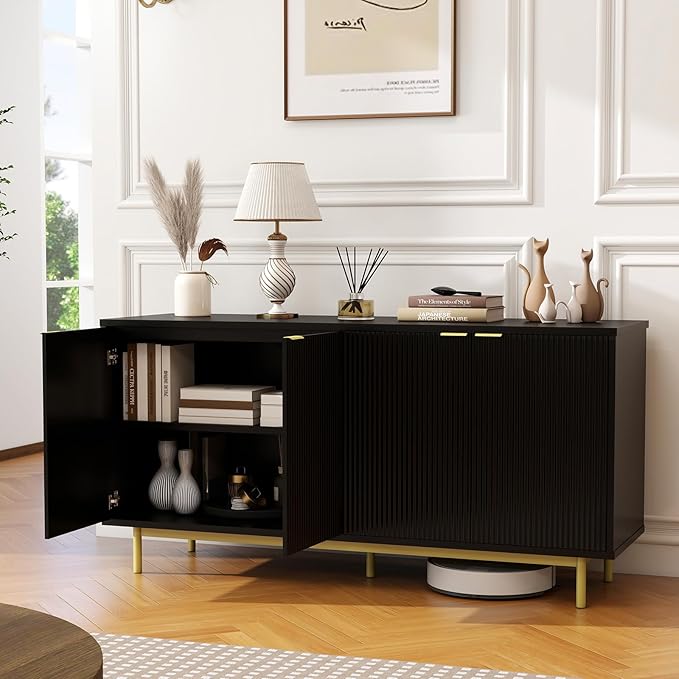 Vipbear Modern TV Stand for 65 Inch TV,Entertainment Center with Storage Cabinets and Adjustable Shelves, Media Console Table, Wood Television Furniture for Living Room, Bedroom, Black