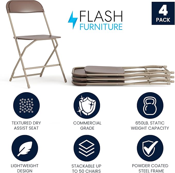 Flash Furniture Hercules Series Plastic Folding Chair - Brown - 4 Pack 650LB Weight Capacity Comfortable Event Chair-Lightweight Folding Chair