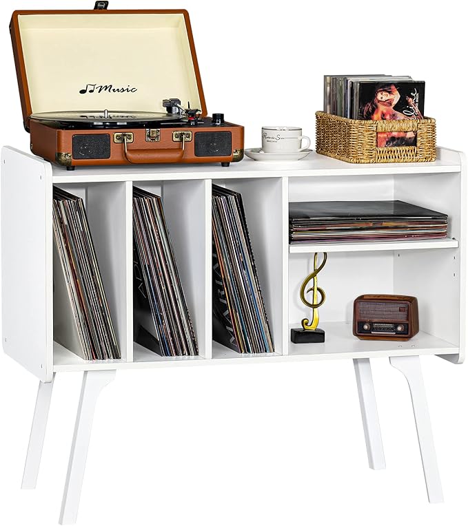Lerliuo Record Player Stand with 4 Cabinet Holds Up to 220 Albums, Large Turntable Stand with Beech Wood Legs, Mid-Century Record Player Table,White Vinyl Holder Storage Shelf for Bedroom Living Room