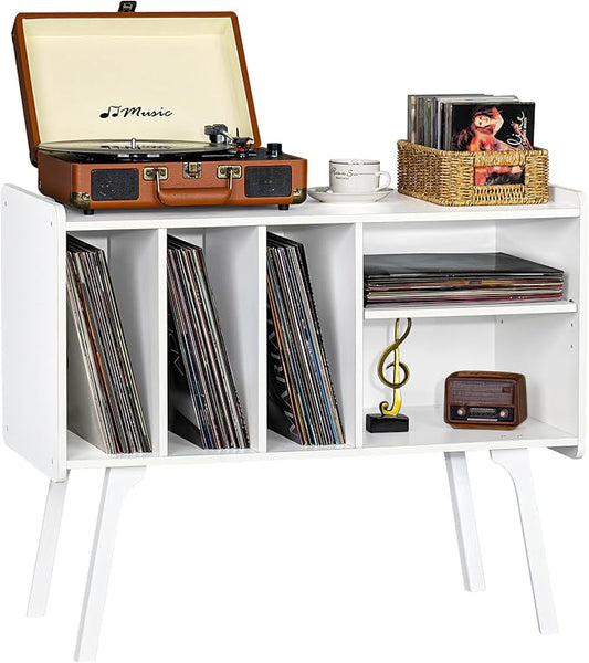 Lerliuo Record Player Stand with 4 Cabinet Holds Up to 220 Albums, Large Turntable Stand with Beech Wood Legs, Mid-Century Record Player Table,White Vinyl Holder Storage Shelf for Bedroom Living Room