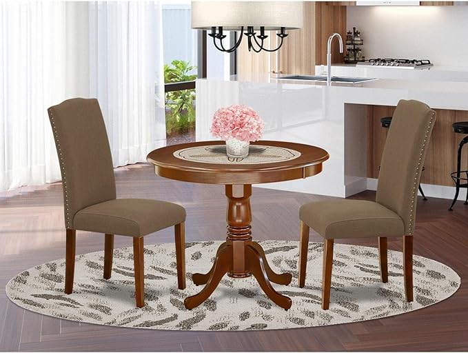 East West Furniture ANEN3-MAH-18 3 Piece Dining Room Furniture Set Contains a Round Kitchen Table with Pedestal and 2 Dark Coffee Linen Fabric Parson Dining Chairs, 36x36 Inch, Mahogany