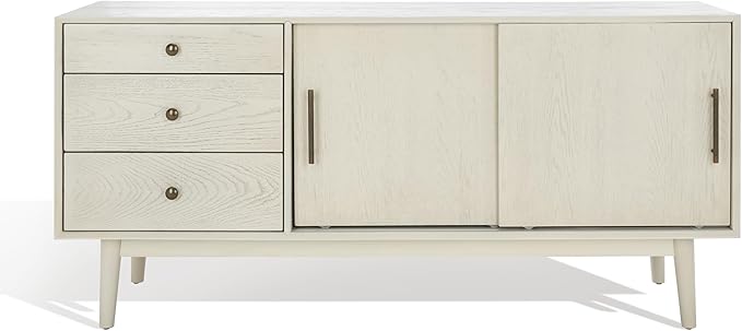 SAFAVIEH Couture Collection Tomas Mid-Century White Washed 3-Drawer Sliding Door Entertainment Media Stand (Fits up to a 65" Flatscreen TV)