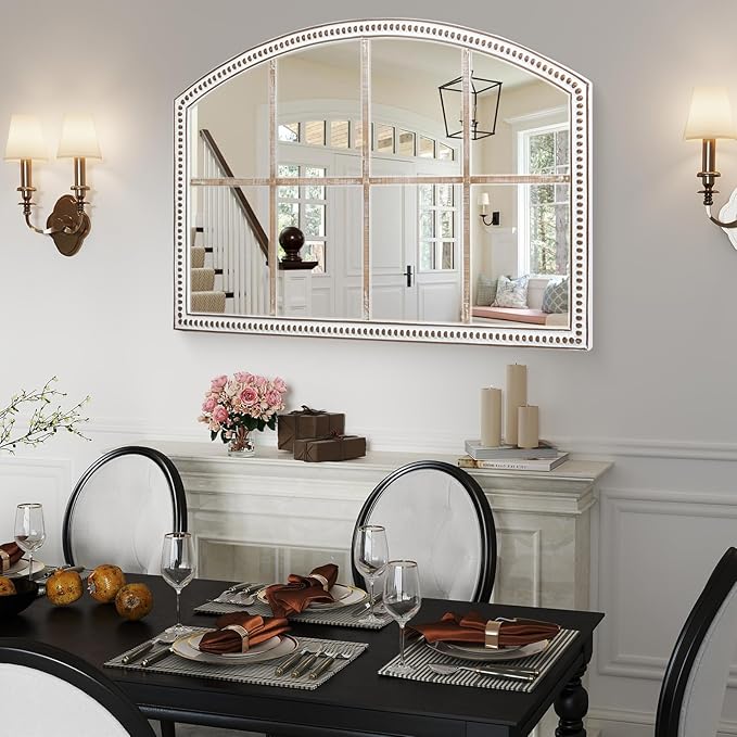 Farmhouse Windowpane Wall Mirror 28x42 Inch, Large Rustic White Wood Mirror Decorative for Living Room, Bedroom, Entryway, Hallway