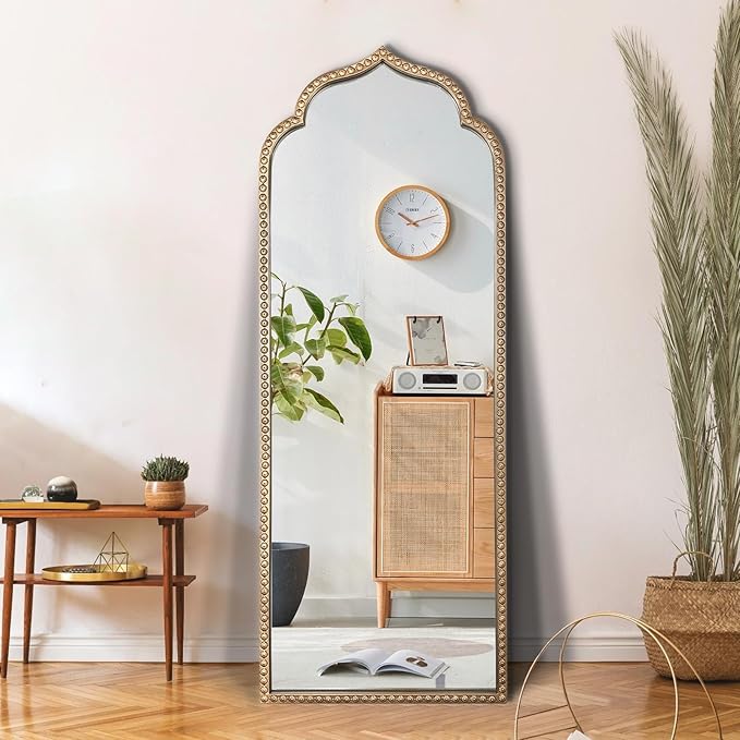 Large Arch Mirror, 20"x53" Gold Arched Floor Mirrors for Dressing, Metal Beaded Frame Decorative Vintage Mirror, Scalloped Full Length Mirrors for Living Room Bedroom Hallway Entryway
