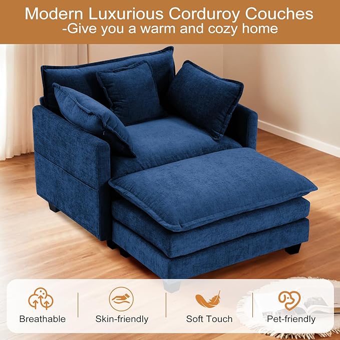 Furniliving Oversized Accent Chair with Ottoman, Luxury Chenille Single Sofa, Upholstered Deep Seat Chaise Lounge with Pillows for Living Room, Bedroom, Apartment, Blue