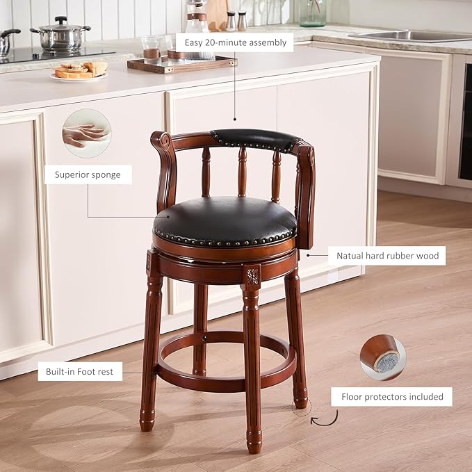 Cow top Leather Wooden Bar Stools, 360 Degree Swivel Bar Height Chair with Backs for Home Kitchen Counter, Morden Chair Barstools (Black-2pc, Counter Height-Seat Height 26”)