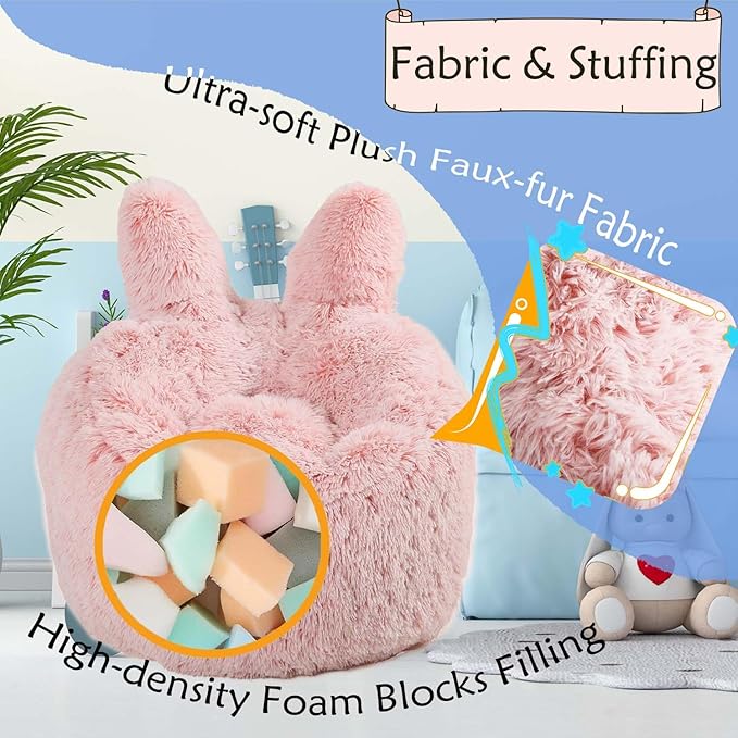 Bean Bag Chair for Kids with Plush Faux Fur Cover, 2.5FT Memory Foam Filled Bean Bag for Teens & Kids, Lazy Sofa for Living Room/Bedroom/Dorm, Rabbit-Ears Design