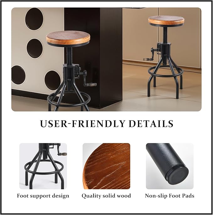 Diwhy Industrial Farmhouse Counter Stool Wooden Seat Height Adjustable with Handle Kitchen Bar Stool Black Set of 2