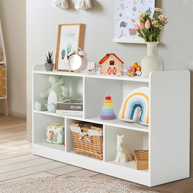 Montessori Shelf, Wooden Toy Storage Organizer for Books Toys, 2 Shelf Bookcase, 5-Section Storage Cabinet, Toddler Book Shelf for Kids Rooms, Playroom, Nursery, Kindergarten