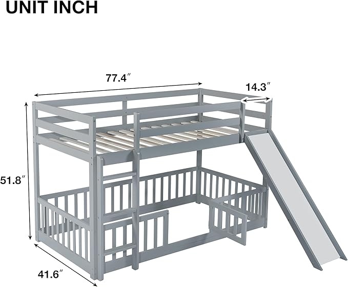 Ball & Cast Bunk Bed Twin Over Twin with Storage Staircase & Slide,Pine Solid Wood Bunk Bed Frame with Safety Guardrails,Floor Bunk Beds for Kids,Teens,No Box Spring Needed,Grey