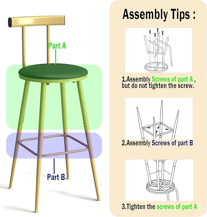 Bar Stools, Set of 2 High Kitchen Barstools, Bar Chairs with Backrest and Footrest, Industrial Counter Stools with PU Soft seat, for Kitchen, Living Room, Pub, Gold Color BS-012GC