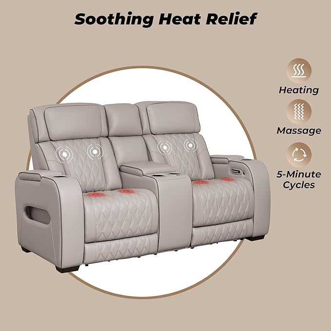 Signature Design by Ashley Boyington Contemporary Leather Match Power Reclining Loveseat with Console and USB Charging Ports, LED Lights and Adjustable Headrest, Light Gray
