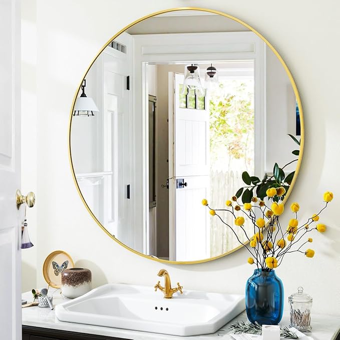 Gold Round Bathroom Mirror, 30 inch Circle Wall Mounted Hanging Mirror with Simple Modern Circular Metal Frame for Hallway, Entryway, Living Room, Gold Frame