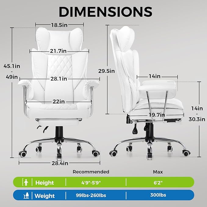 GTRACING Gaming Chair,Office Chair with Pocket Spring Lumbar Support, Ergonomic Comfortable Wide Office Desk Computer Chair with Outward Fixed Soft Armrests and Footrest,(PU Leather, White)
