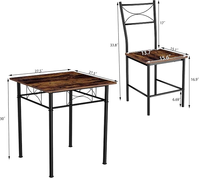 JOIN IRON 3-Piece Kitchen Dining Room Table Set for Small Spaces，Iron Wood Square Table with 2 Chairs for Kitchen Dining Room Furniture