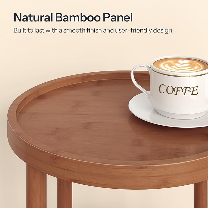 HOOBRO Small Round Side Table with Charging Station, 3-Tier Round Bamboo End Table, Compact Sofa Bedside Table for Small Space, Easy Assembly, for Living Room, Bedroom, Apartment, Walnut WL152UBZ01