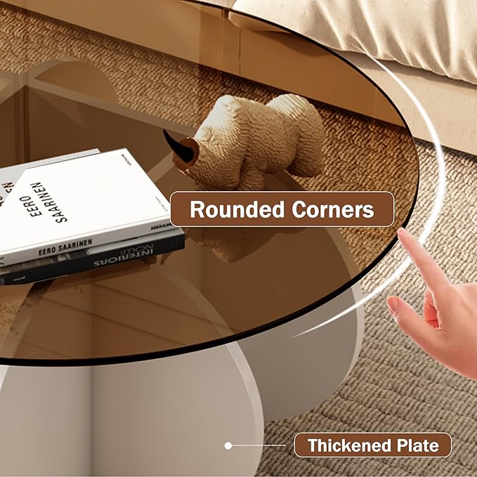 Round Coffee Table, Modern Glass Coffee Table for Living Room, Unique White Center Table with Tempered Glass Top & Solid Wood Legs, Circle Amber Accent Table for Small Spaces
