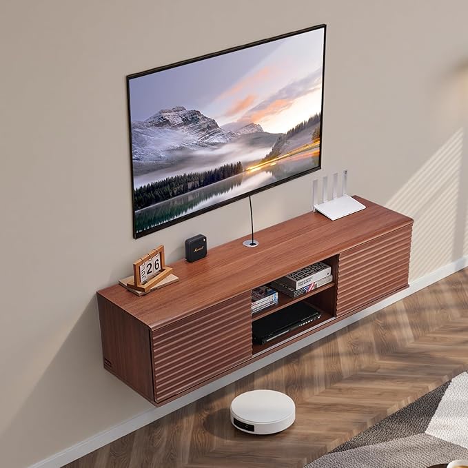 VEVOR Floating TV Stand, 60" Wall Mount Entertainment Center with Adjustable Shelf & Sliding Doors, 2 Tiers Floating TV Shelf with Storage Cabinet for DVD Player, Cable Box, Game Console, Walnut