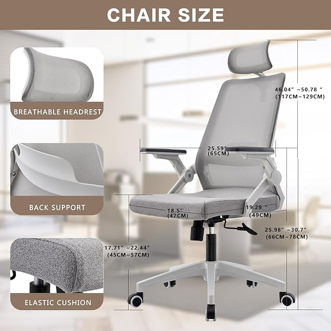 Ergonomic Swivel Task Chair High Back Home Desk Chair Computer Office Chair Mesh Rolling Work Chairs with Headrest and Lumbar Support Grey