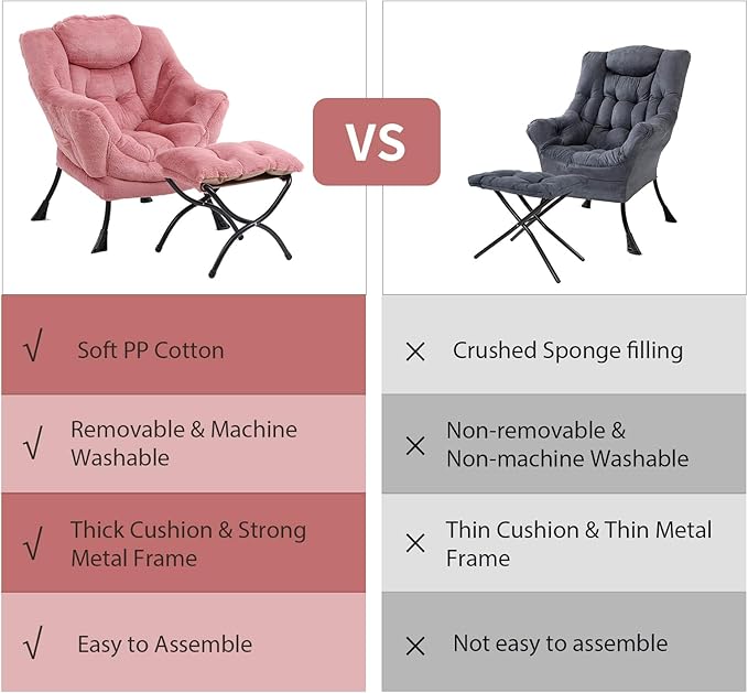 Lazy Chair with Ottoman, Modern Chair with Folding Footrest, Lounge Accent Chair, Comfortable Reading Chair (Plush Dark Pink)