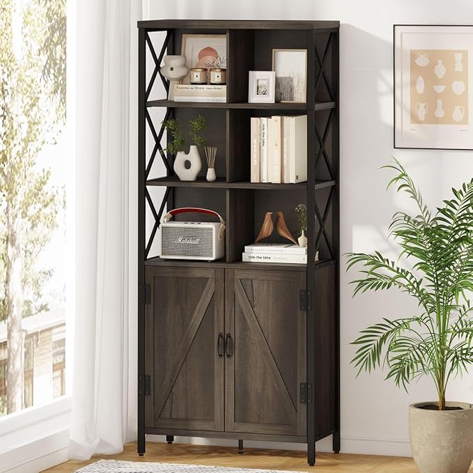 FATORRI Industrial Tall Bookshelf, Rustic Bookcase with Doors, 6 Cube Storage Organizer with Shelf for Living Room, Wood and Metal Book Shelf for Home Office (Walnut Brown)
